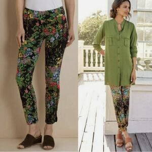 Soft Surroundings Pants Black Floral Bloom Pull On Ankle Stretch Slim Leg Small